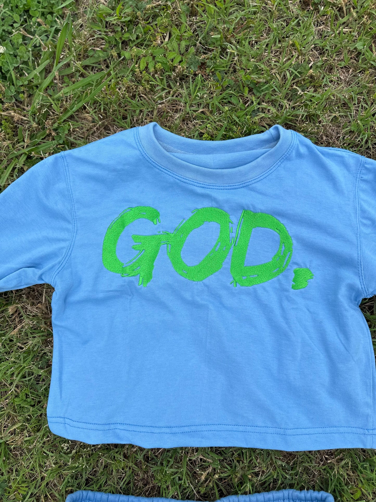 GOD. Crop and Flare Blue
