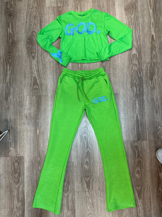 GOD. Crop and Flare Green